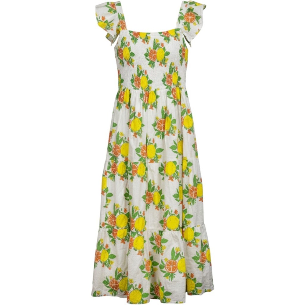 Victoria Dunn Midi Dress Womens Small White Citrus Floral Print Smocked Tiered